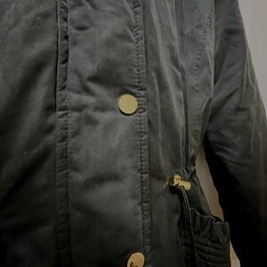 Womens Small Black Faux Fur Hooded Parka Jacket Gold Accents‎ Drawstring